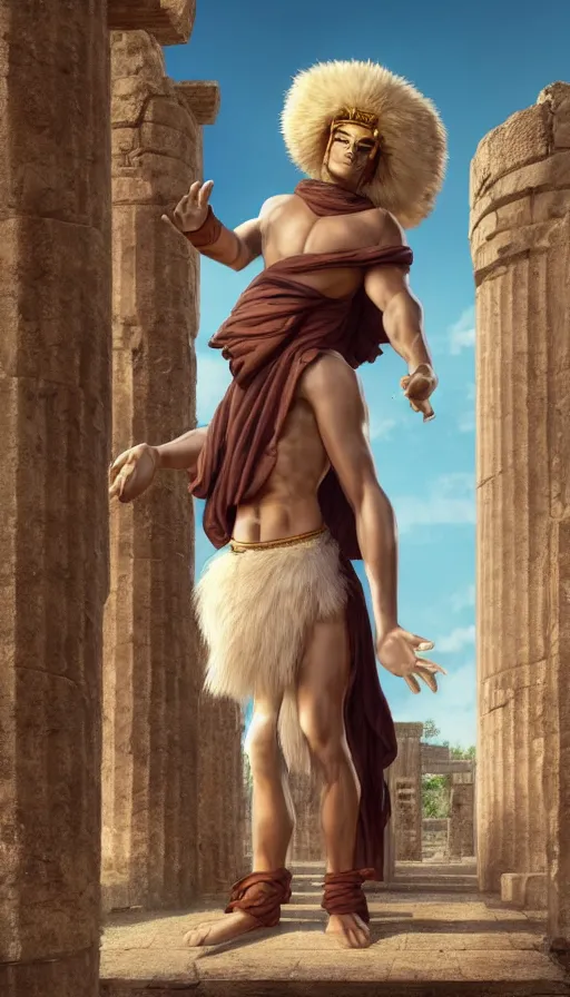 Image similar to fullbody photo of humanoid cute fluffy caracal dressed in toga as alexander macedon, sun behind him, ancient greek city, sunny day, by ilya kuvshinov, rtx rendering, octane render 1 2 8 k, maya, extreme high intricate details by tom bagshaw, medium shot, composition by sana takeda, lighting by greg rutkowski