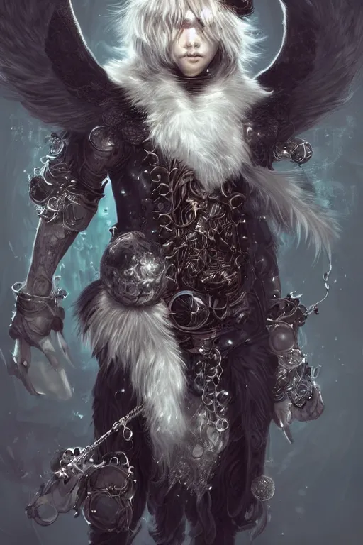 Image similar to beautiful full body portrait of a human - fluff hybrid male wizard, scaley!! white feathery skin, wearing ornaments and rings, by wlop and artgerm, steampunk fiction, detailed deep black eyes, silver background, trending, on artstation.