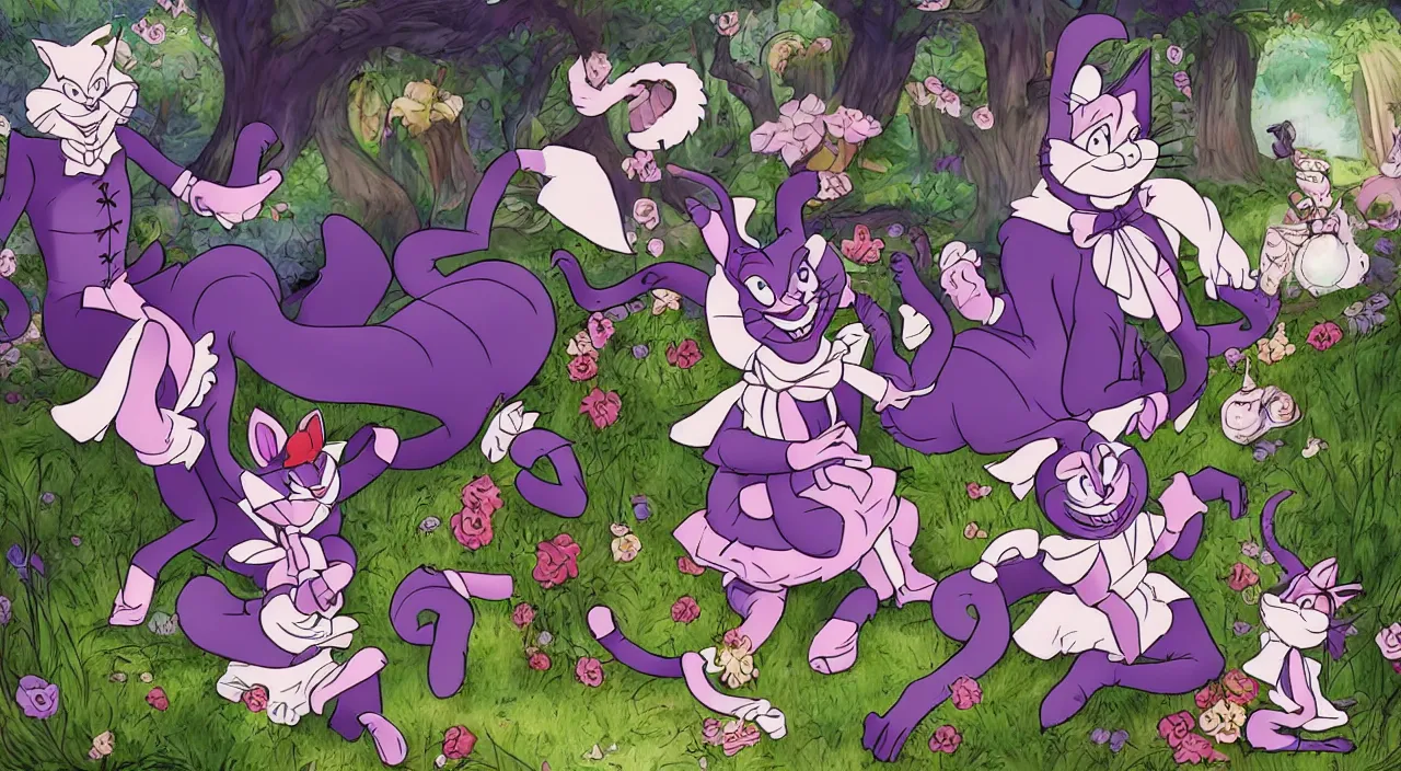 Image similar to [ disney's alice in wonderland ] and [ cheshire cat ] in isekai style