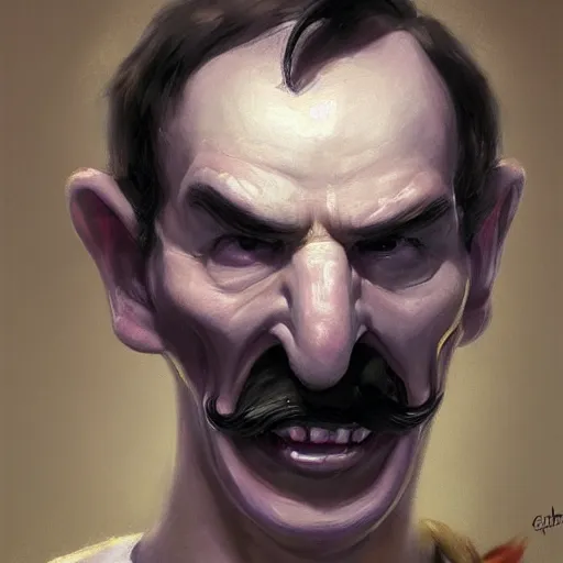 Image similar to portrait painting waluigi, silly, angry, rolling his eyes, painted by greg rutkowski, soft, sharp details, hyper realistic