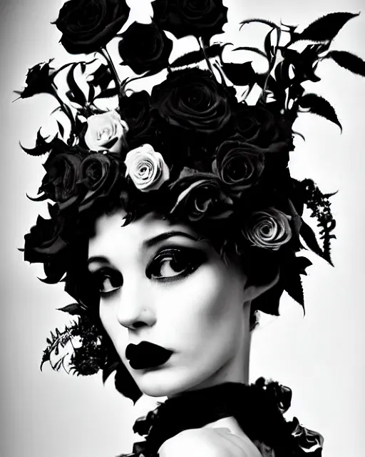 Prompt: dreamy surreal poetic black and white photo of a beautiful young female-cyborg-vegetal with a very long neck and a super big gothic lace collar and a very high big floral crown with many black dry roses by Vivienne Westwood:: smoke, high fashion, haute couture, rococo, avant-garde, elegant, dreamy, hyper realistic, 150 mm lens, soft rim light, octane render, unreal engine, picture was taken in 1910 by Dora Maar, volumetric lighting, dramatic light,8k,