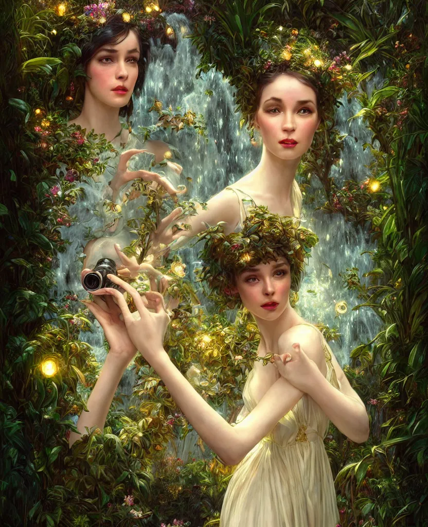 Image similar to hyper realistic photographer looking through a vintage medium format camera, magic pouring from lens, fantasy castle, full body waterfall dress, design on white background, beautiful details, lush foliage cyberpunk, gold, drawn by john singer sargent, tom bagshaw, norman rockwell, alphonso mucha, lolish, trending on artstation