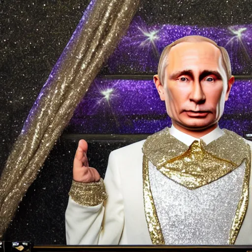 Image similar to Vladimir Putin with silver-violet hair, white eyes and golden glittery dress, wide lens, diorama, 4k,