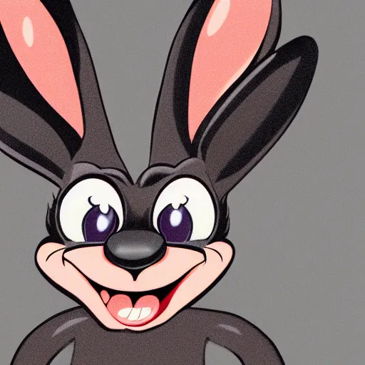 Prompt: A extremely highly detailed majestic hi-res beautiful, highly detailed head and shoulders portrait of a scary terrifying, horrifying, creepy goofy black cartoon rabbit with scary big eyes, earing a shirt laughing, hey buddy, let's be friends, in the style of Walt Disney