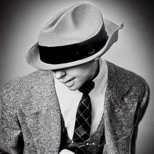 Image similar to A photograph portrait of Jerma985 wearing a suit with and fedora in the 1940s, taken in the early 1940s, grainy, taken on a 940s Kodak Camera, realistic, hyperrealistic, very realistic, highly detailed, very detailed, extremely detailed, detailed, digital art, trending on artstation