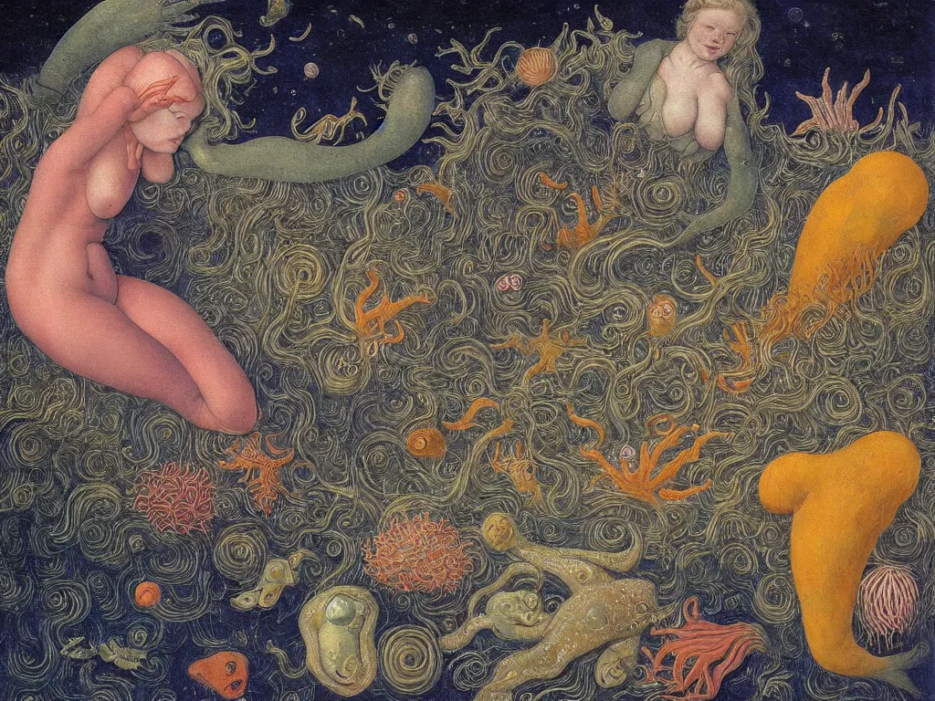 Image similar to Pregnant albino woman at the bottom of the ocean. Starfish, urchins, copepods, sea weed, rust, glowing eyes, phosphorescent cuttlefish. Painting by Lucas Cranach, Rene Magritte, Jean Delville, Max Ernst, Maria Sybilla Merian