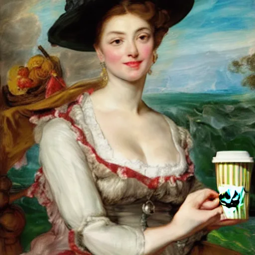 Image similar to heavenly summer sharp land sphere scallop well dressed lady holding a starbucks coffee cup, auslese, by peter paul rubens and eugene delacroix and karol bak, hyperrealism, digital illustration, fauvist, starbucks coffee cup green logo