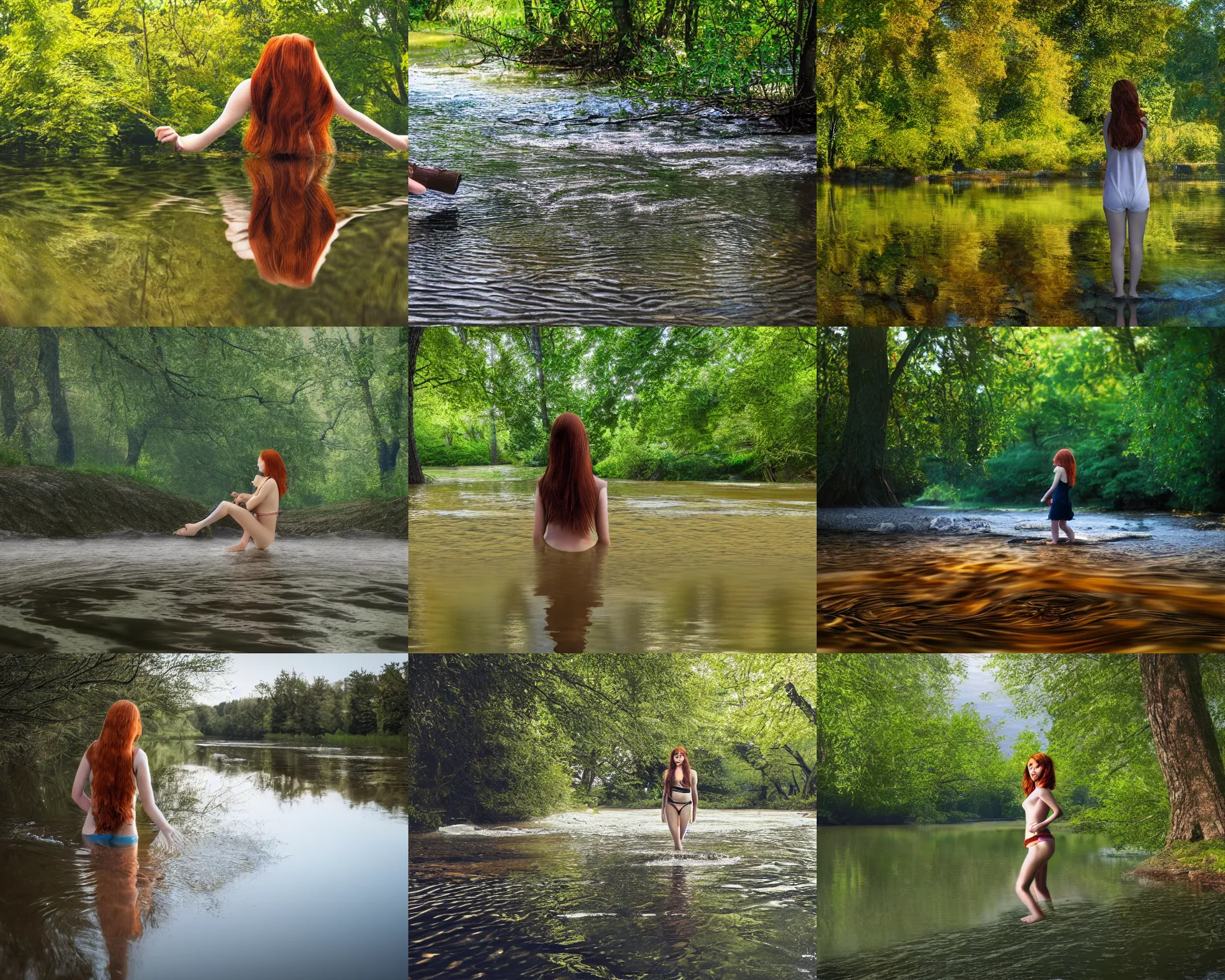 Prompt: a 4 k photorealistic photo of girl with auburn hair wading in a river, ripples, reflections. shady, trees bent over river.