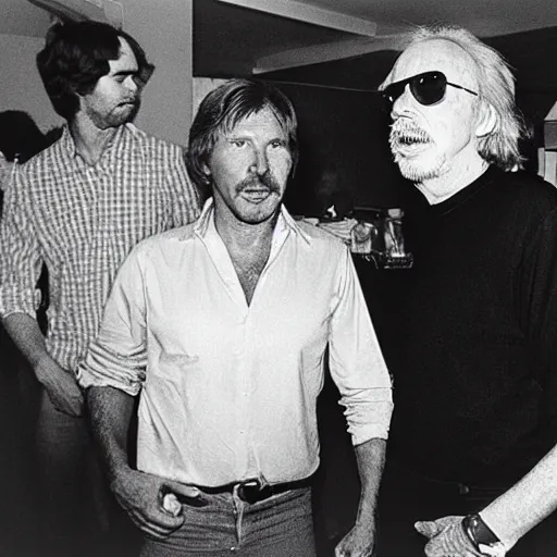 Prompt: harrison ford and john carpenter talking, 1 9 8 0 s photography