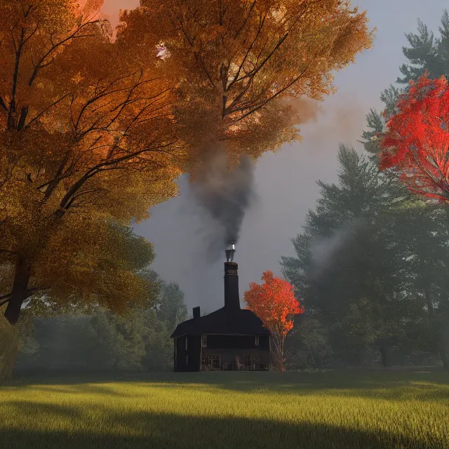 Image similar to black colonial new england house, tall maple tree in yard, large chimney with smoke, old street lamp, lights on inside, fall foliage, vermont mountain background, light cinematic, volumetric, realistic, cinematic lighting, ray tracing, unreal engine 5, octane render, hyper realistic, 8 k