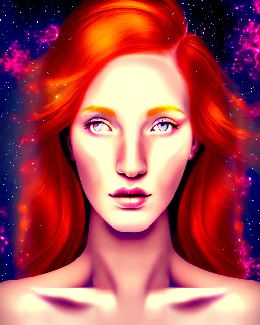 Image similar to space astral portrait of a beautiful girl, red hair, ginger hair, fantasy, glowing skin, smooth face, perfect eyes, half body shot, tarot card