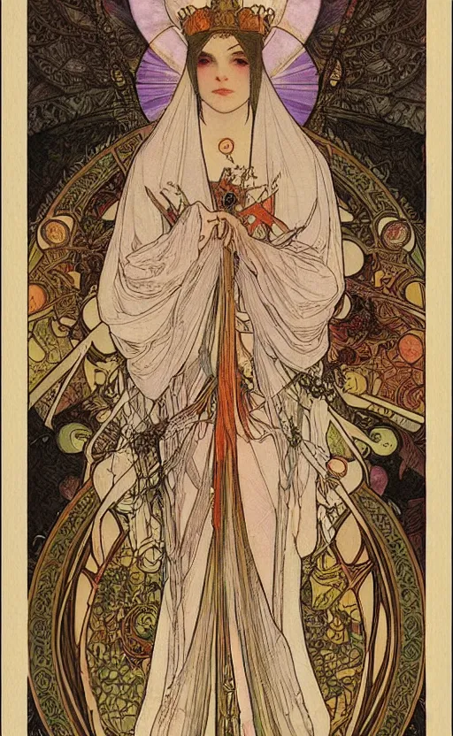 Image similar to the empress, tarot, beautiful border, by alfons maria mucha, highly detailded