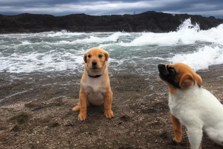 Image similar to a puppy is looking directly at the extreme water current below while it stands at an edge of a cliff