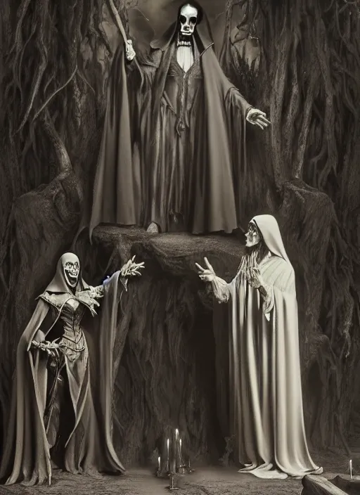 Prompt: the grim reaper meetup with dracula. gustave dore and anne stokes, highly detailed, octane render