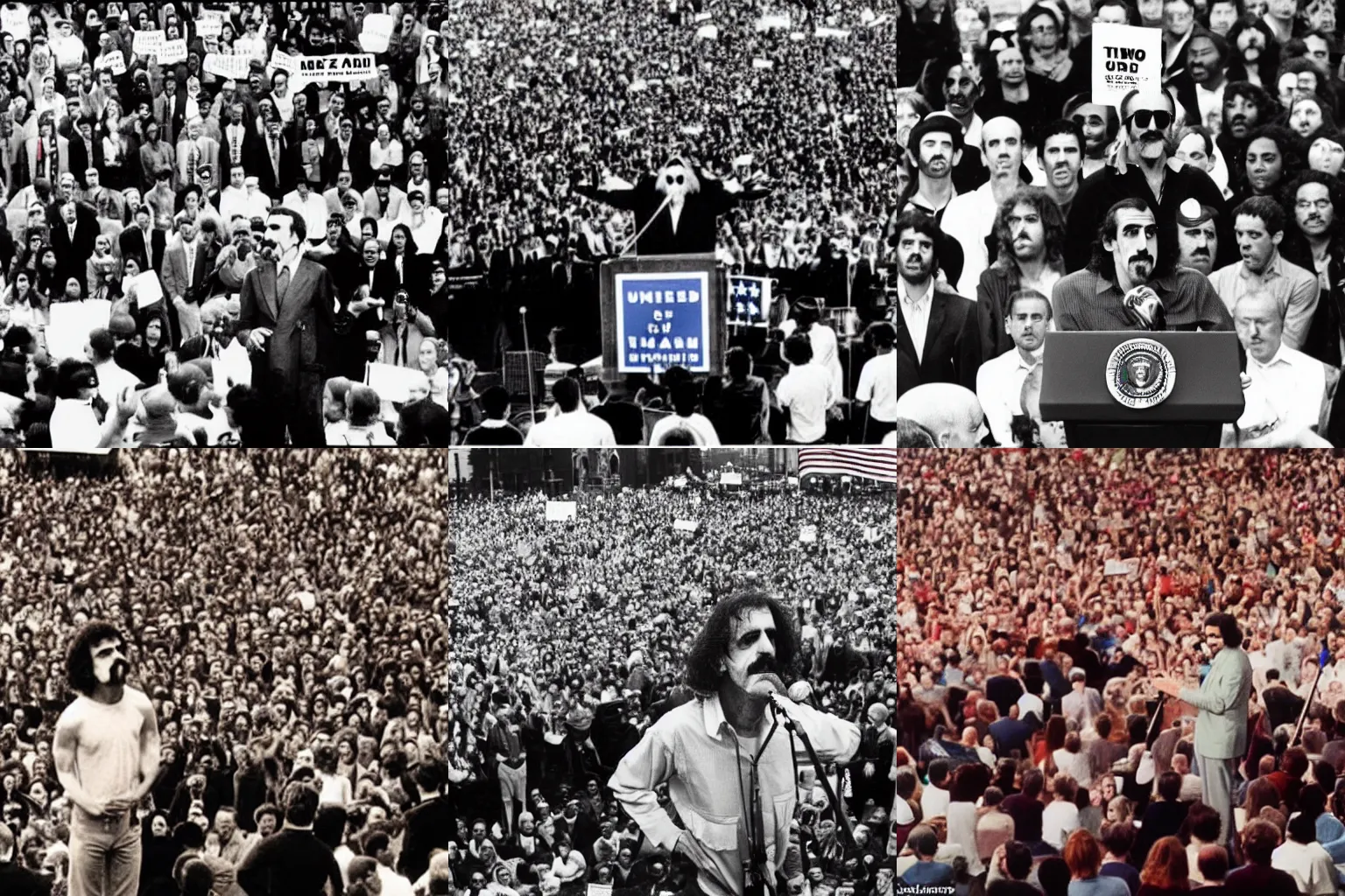 Prompt: Frank Zappa as the President Of The United States at a political rally surrounded by a crowd of supporters