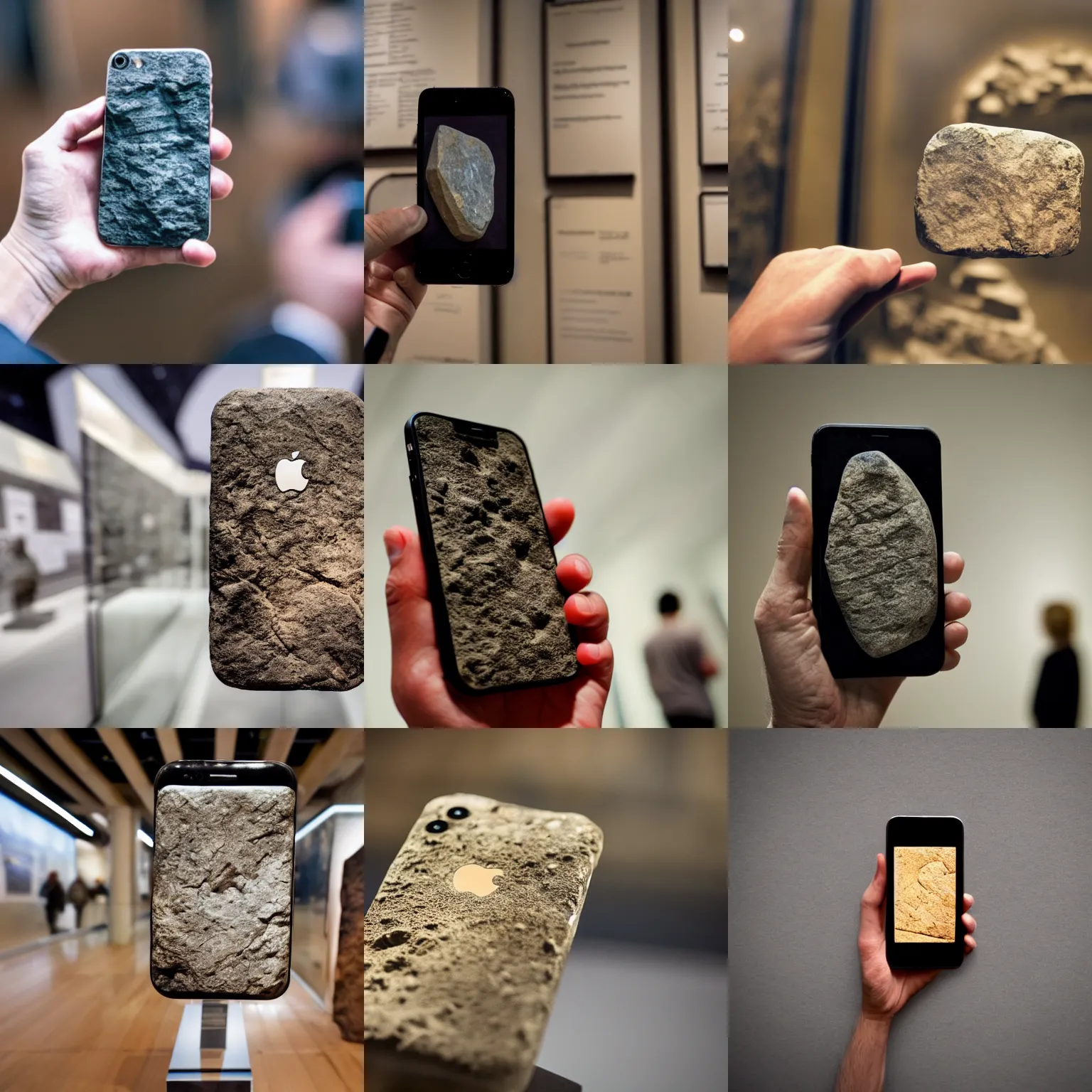Prompt: fossil of a stone iphone from the year 1 5 0 0 bc placed in an ancient history museum, 4 k, real, archeological exhibit, shot from afar, people looking at the exhibit through glass
