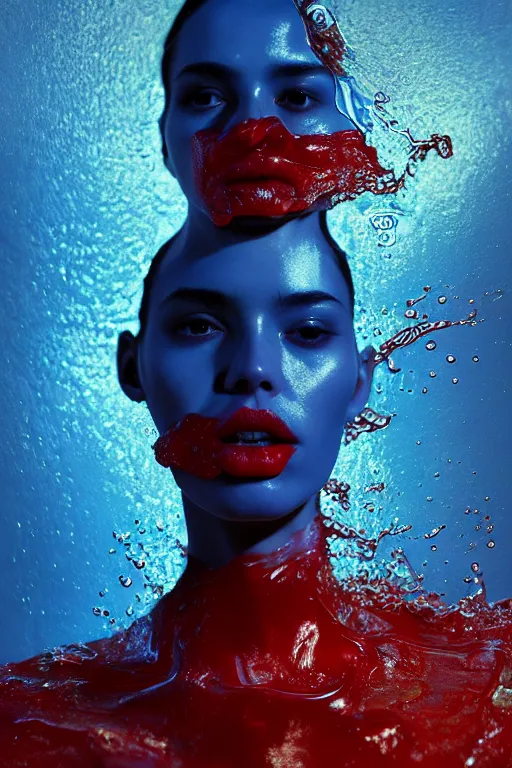 Prompt: 3 d, close - up, boiling liquid gold and red water, frown fashion model, vogue cover style, poster art, high detail, intricate oil painting, multiple exposure, deep blue mood, hyperrealism, 3 d, by tooth wu and wlop and beeple and greg rutkowski