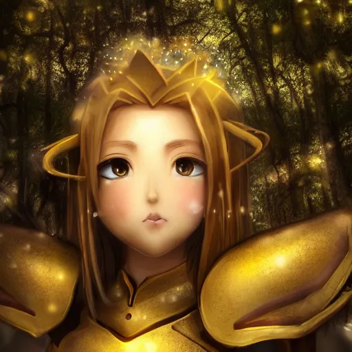 Image similar to portrait focus of knight beautiful 3D anime girl, golden armor wearing, dark forest background, snowing, bokeh, inspired by Masami Kurumada, digital painting, high contrast, unreal engine render, volumetric lighting, high détail