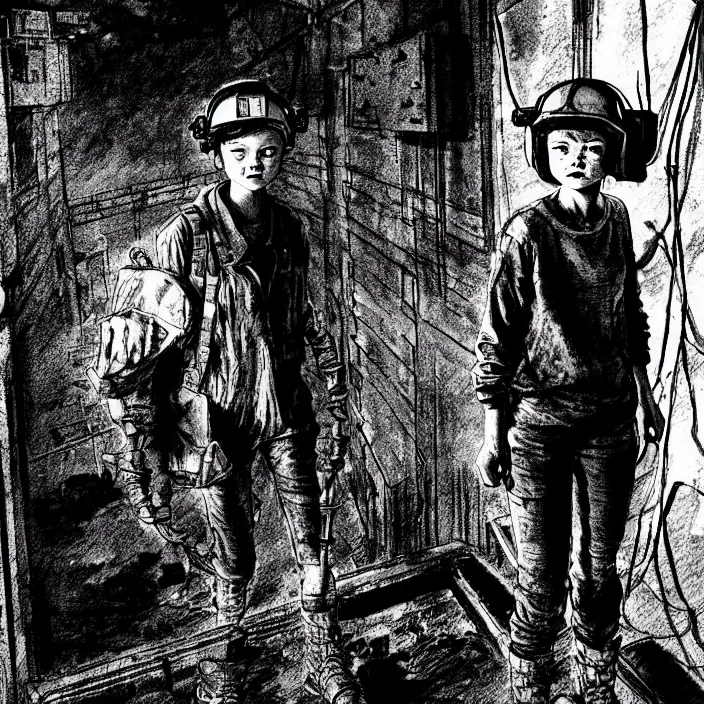 Image similar to tired sadie sink as a miner emerges out of the dark coal mine. storyboard, scifi cyberpunk. by gabriel hardman, joe alves, chris bonura. cinematic atmosphere, detailed and intricate, perfect anatomy