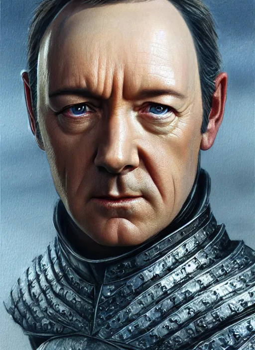 Image similar to armoured kevin spacey as sauron, by alan lee, lord of the rings, smooth, detailed terrain, oil painting, matte painting, concept art, trending on artstation, promotional artwork, film still, elegant, photorealistic facial features, intricate, detailed face, cinematic lighting