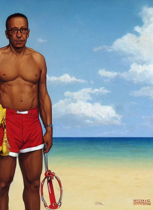 Image similar to portrait Gus Fring as sea lifeguard on the beach, full length shot, shining, 8k highly detailed, sharp focus, illustration, art by artgerm, mucha, bouguereau