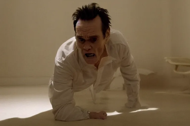 Image similar to a still of jim carrey in the human centipede, horror, dramatic lighting