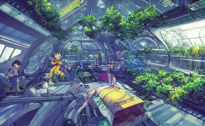 Prompt: lush greenhouse on a spaceship flying in space, concept art, by akira toriyama, artstation, digital art