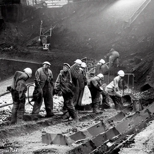 Image similar to an image of a group of men mining in a coal mine, in a medium full shot, russian and japanese mix, high - key lighting, warm lighting, overcast flat midday sunlight, a vintage historical fantasy 1 9 8 2 photo from life magazine.