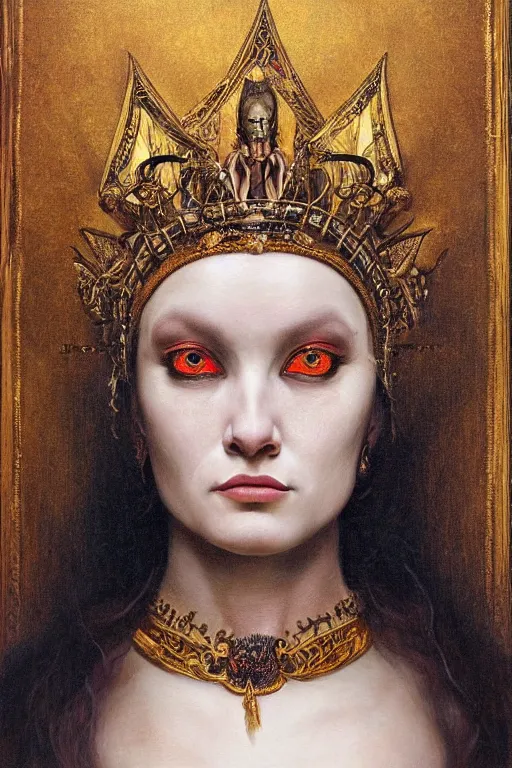 Image similar to hyper realistic painting portrait of madness queen, occult diagram, elaborate details, detailed face, intrincate ornaments, gold decoration, occult art, oil painting, art noveau, in the style of roberto ferri, gustav moreau, jean delville, bussiere, andrew gonzalez