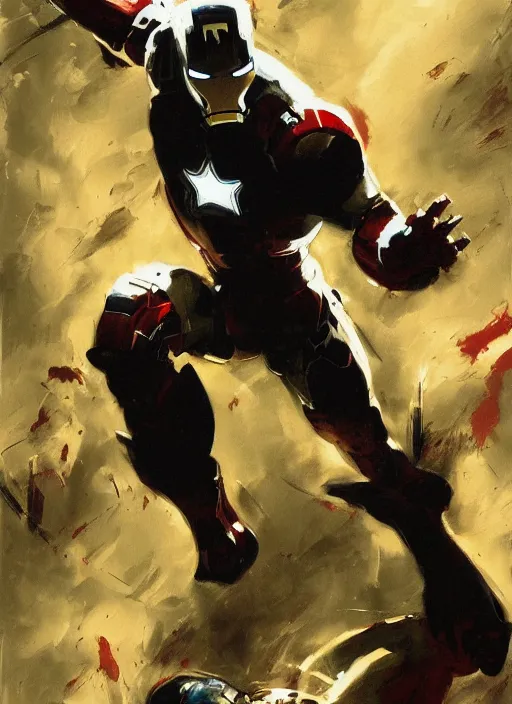 Image similar to iron man fighting captain america painting by phil hale, francisco goya,'action lines '!!!, graphic style, visible brushstrokes, motion blur, blurry, hd image