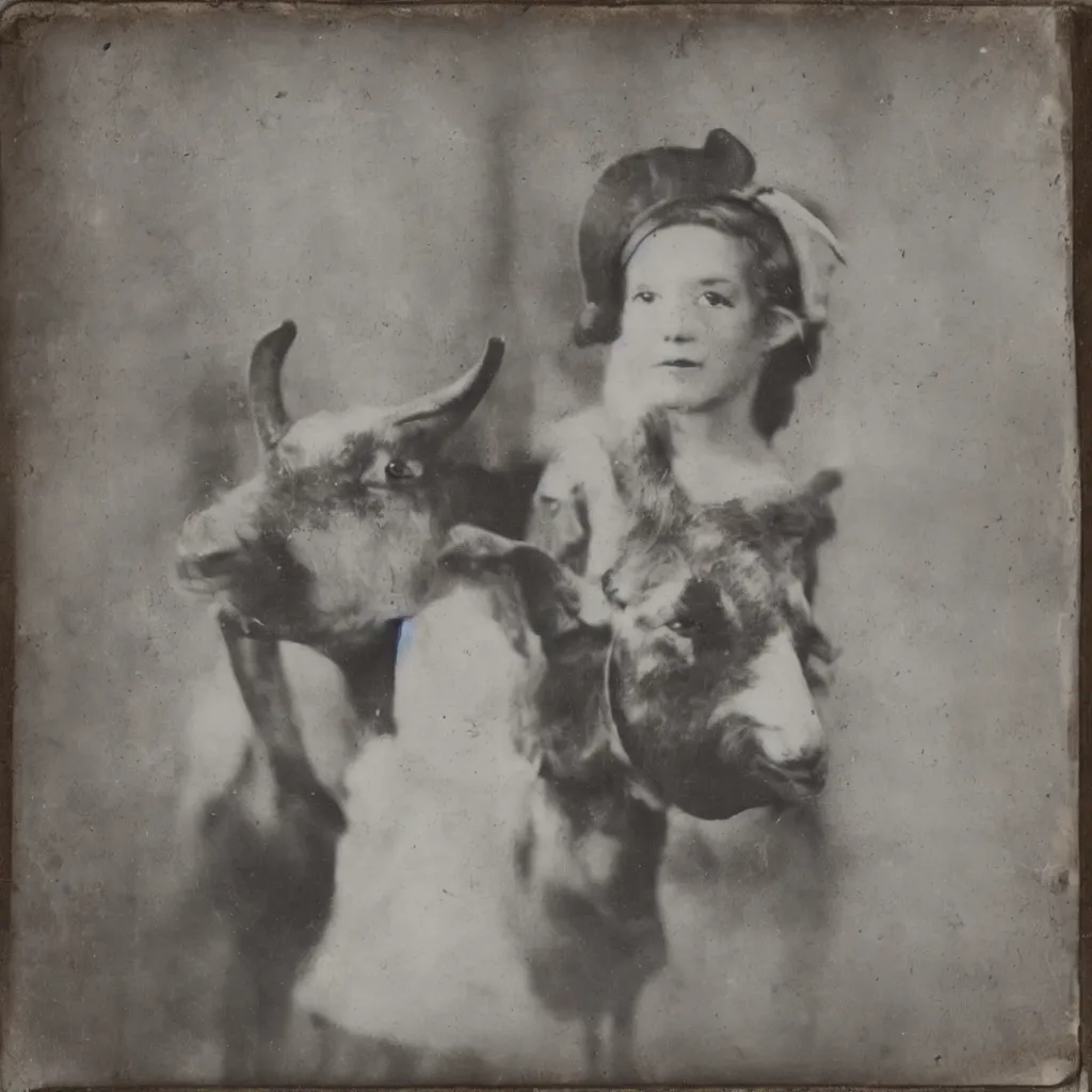 Prompt: tintype of a girl with a goat mask