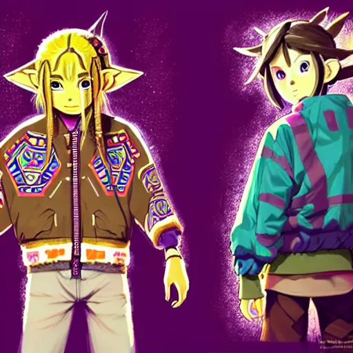 Image similar to majora majora's mask wearing oversized mayan bomber jacket with overalls, bulky poofy bomber jacket with mayan patterns, aztec street fashion, botw art style, gapmoe yandere grimdark, trending on pixiv fanbox, painted by greg rutkowski makoto shinkai takashi takeuchi studio ghibli, akihiko yoshida