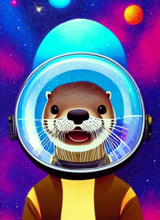 Prompt: a portrait of a cute otter with a space helmet, swimming through a colorful galaxy!!!!!!!!!!!, detailed, artstation, art by rhads and miyazaki