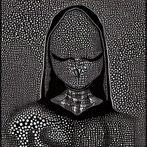 Image similar to pointilism, black and white, dot art, dark, ominous, hooded, faceless, anthropomorphic, asymmetrical, in style of old painting, gothic, black metal