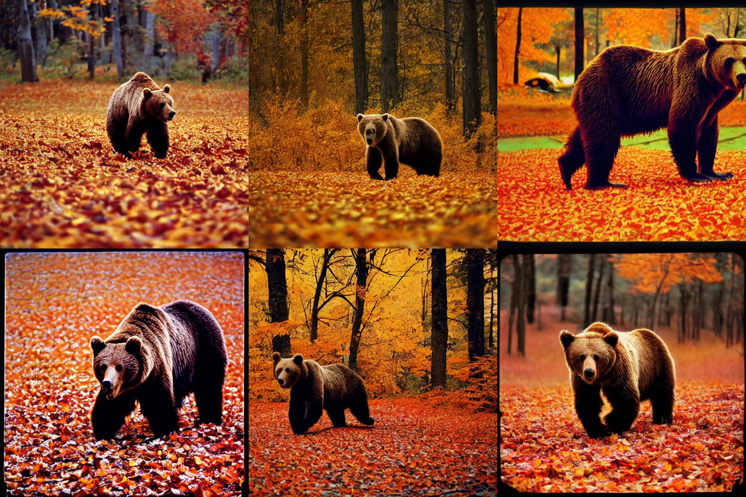 Prompt: a photo of a brown bear walking on crispy autumn leaves, Holga 120n