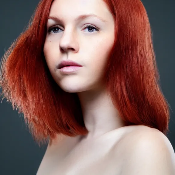 Prompt: portrait of a plain looking young white female model red hair and uneven skintone and a round shaped face