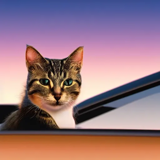 Image similar to cat cruising in a cabriolet, golden hour, front top side view, golden ratio, idyllic setting