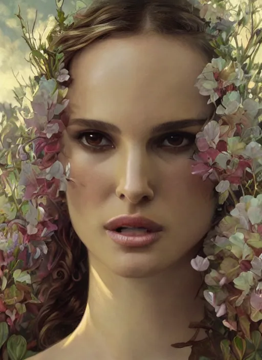 Image similar to music video screenshot of natalie portman, unreal, fantasy, intricate, elegant, dramatic, highly detailed, photorealistic, digital painting, painterly, artstation, concept art, smooth, sharp focus, art by John Collier and Krenz Cushart and Artem Demura and Alphonse Mucha and Albert Aublet