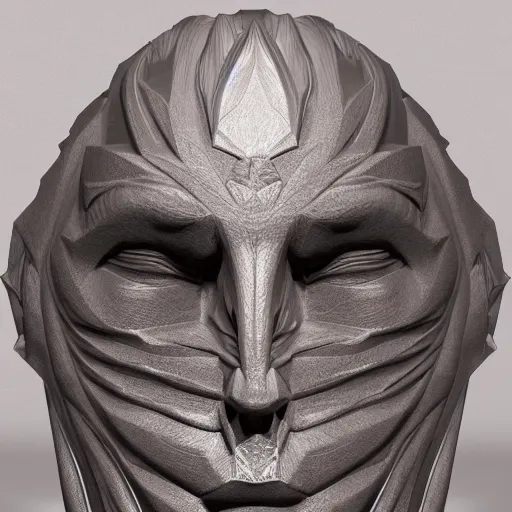 Image similar to drama acting mask shape crystal sculpture, isolate translucent, volumetric light, blooming effect, super details, ultra realistic, 8k octane render, art noveau