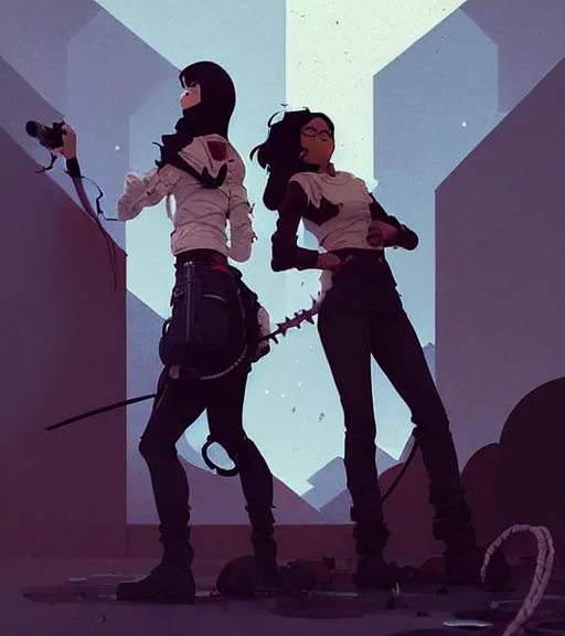 Image similar to portrait of stoic heroic blonde tomboy butch woman engineer and tall black - haired goth feminine woman standing back to back by atey ghailan, by greg rutkowski, by greg tocchini, by james gilleard, by joe fenton, by kaethe butcher, dynamic lighting, gradient light blue, brown, blonde cream and white color scheme, grunge aesthetic