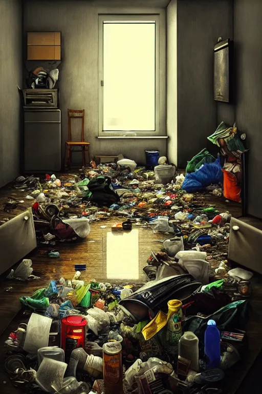 Prompt: room full of trash, from the door view to an image of a clean brightly lit room, realistic, intricate, gloomy, highly detailed, digital photograph, artstation, concept art, smooth, sharp focus, illustration, art by Ilja Repin