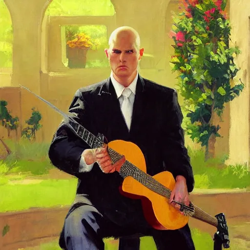 Prompt: a portrait of agent 4 7 from hitman playing a guitar in a monestary garden next to an elderly priest, by gregory manchess, james gurney, james jean