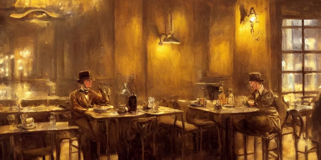 Prompt: brown cat with yellow eyes is sitting at table in a cafe at paris in early 2 0 th century. atmospheric feeling, warm colours, brown colours, yellow colours, epic scene, cinematic, very detailed, concept art