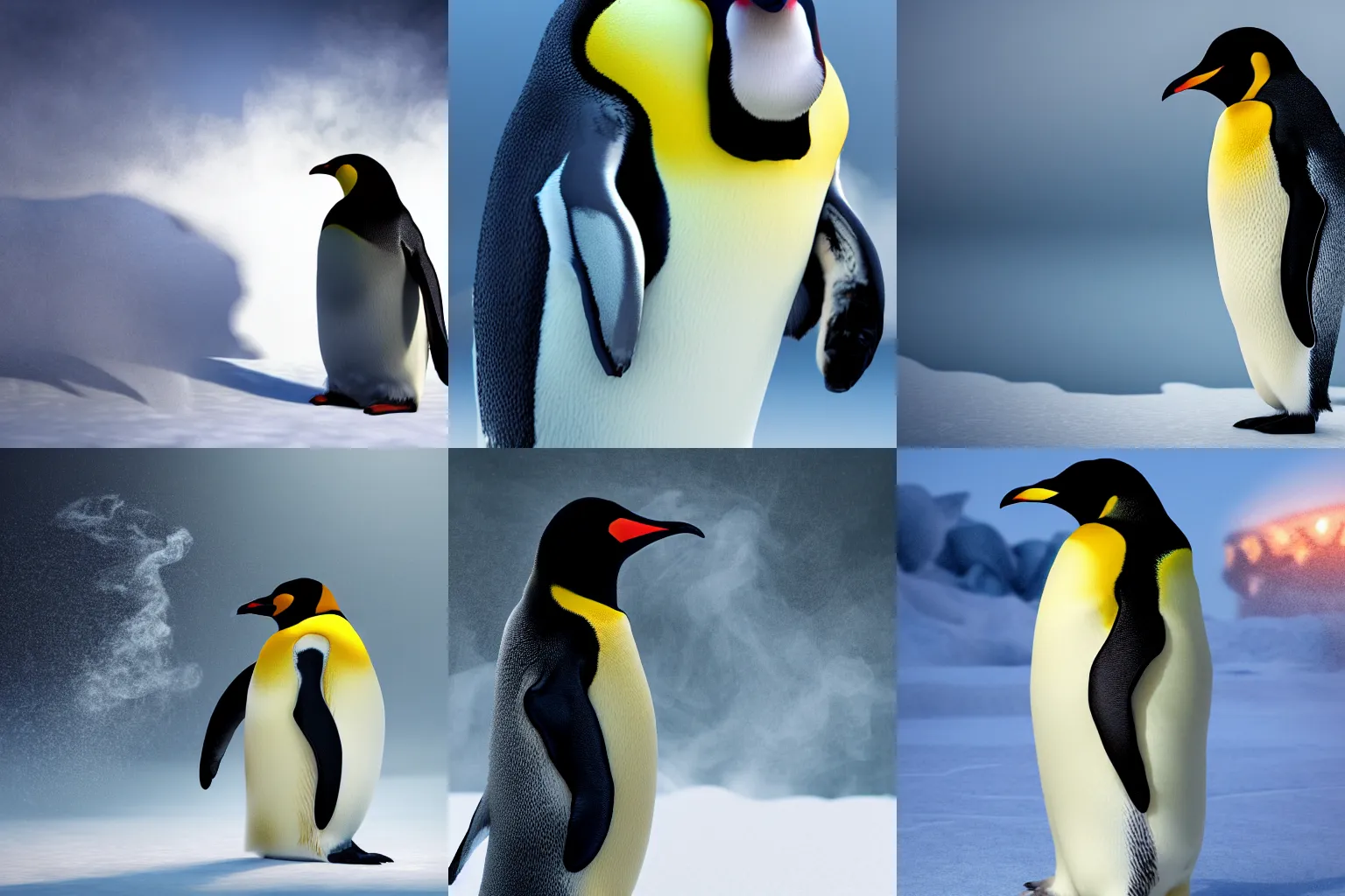 Image similar to ultra detailed octane render of an emperor penguin, volumetric lighting, post processing, after effects, smoke, shadows and natural lighting, dramatic pose, steam rising, snowy background, ultra high detail, ultra fine hair, ultra fine texture, hyper realistic,