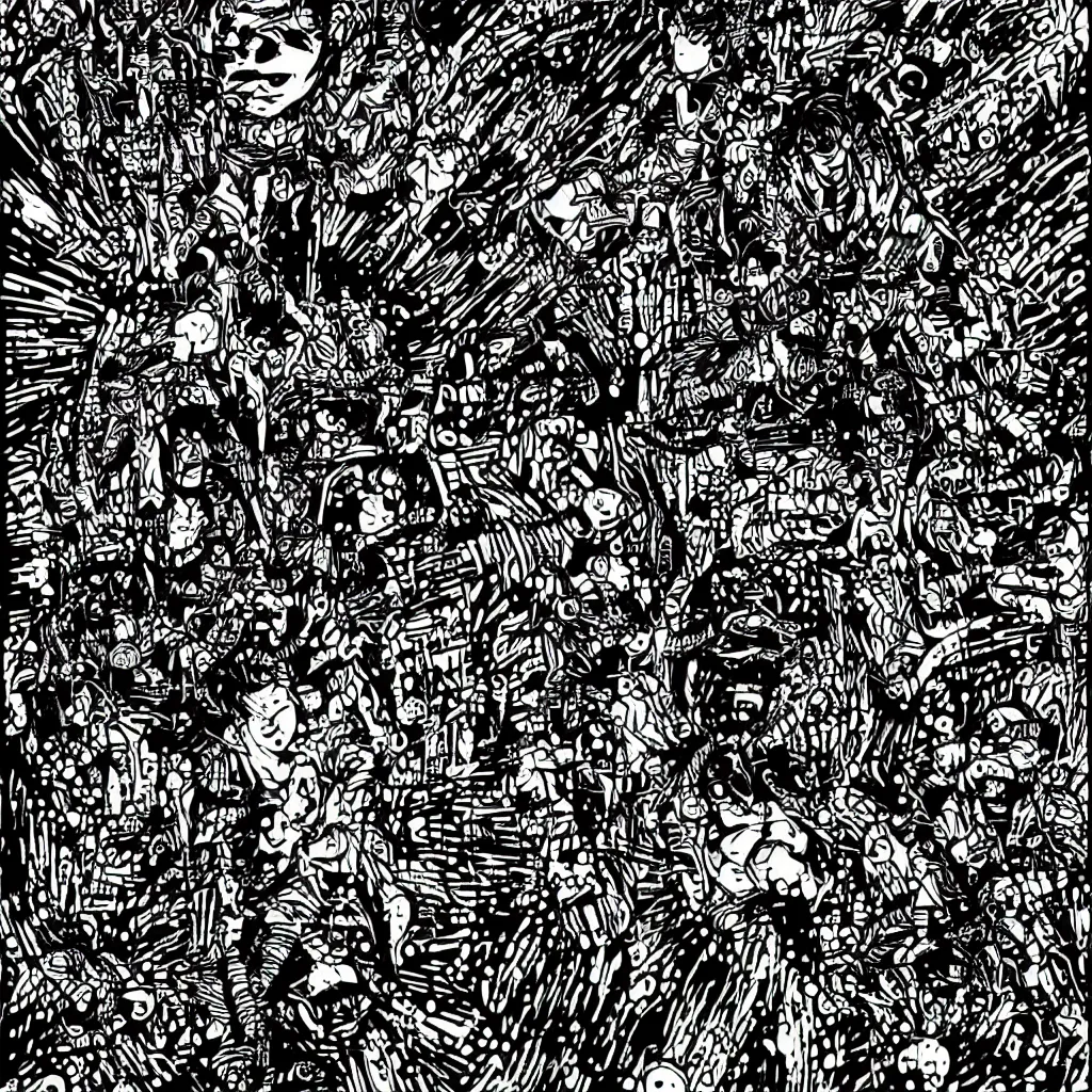 Prompt: faceless human figures, kazuo umezu artwork, jet set radio artwork, stripes, tense, space, cel - shaded art style, broken rainbow, ominous, minimal, cybernetic, monster soldiers, dots, stipples, thumbprint, dark, eerie, zebra stripes, crosswalks, guts, folds, rifle