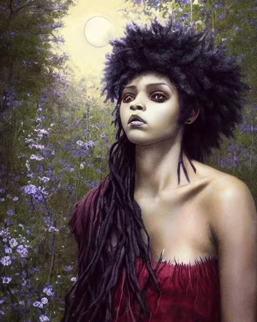 Image similar to a beautiful but creepy young black woman in layers of fear, with haunted eyes, violence in her eyes, crazy white hair, wearing a punk outfit, 1 9 7 0 s, seventies, delicate embellishments, a little blood, woodland, moonlight shining on wildflowers, painterly, offset printing technique, by alexandre cabanel