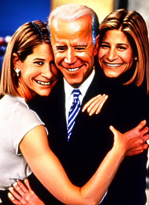 Image similar to film still of joe biden hugging rachel green in the show friends