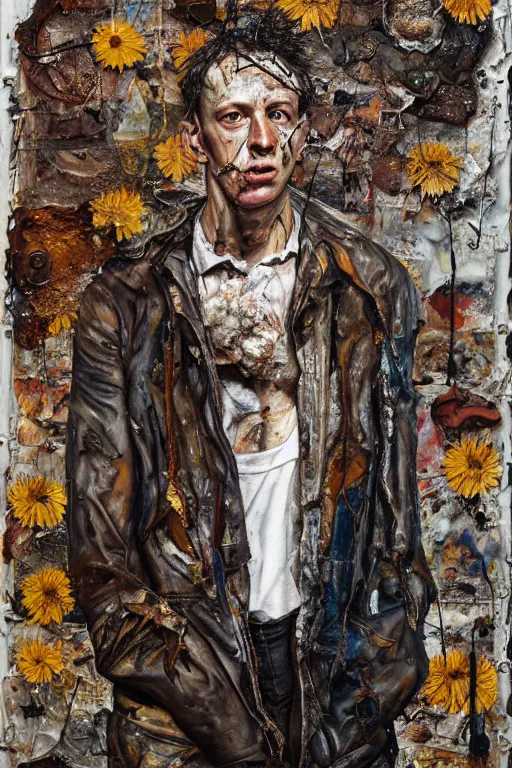 Image similar to a full length portrait of a very ordinary young man with a troubled expression, Anselm Kiefer and Lucian Freud and Jenny Saville, oil painting, rust, Scaffolding, rusted metal and sunflowers, iron cladding, decay, mixed media, textured, anatomically correct, beautiful perfect face, visible brushstrokes, sharp focus, Highly Detailed, photographic emulsion cracked and peeling, Cinematic Lighting, 8k, HD