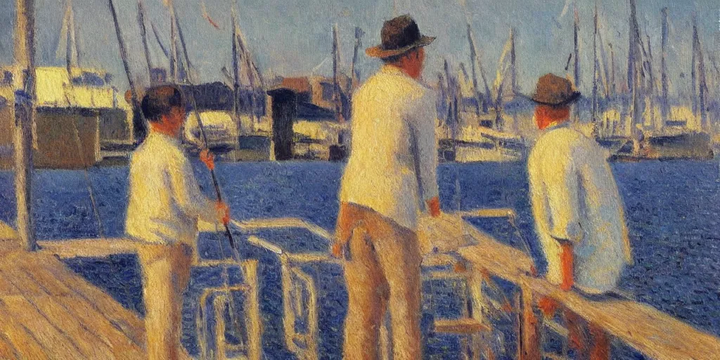 Prompt: cat sitting on the pier fishing, expressive oil painting by christopher radlund and camille pissaro