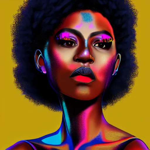 Image similar to Meybis Ruiz Cruz digital portrait painting of an afropunk female character, medium shot, asymmetrical, profile picture, bold shapes, hard edges, street art, trending on artstation,